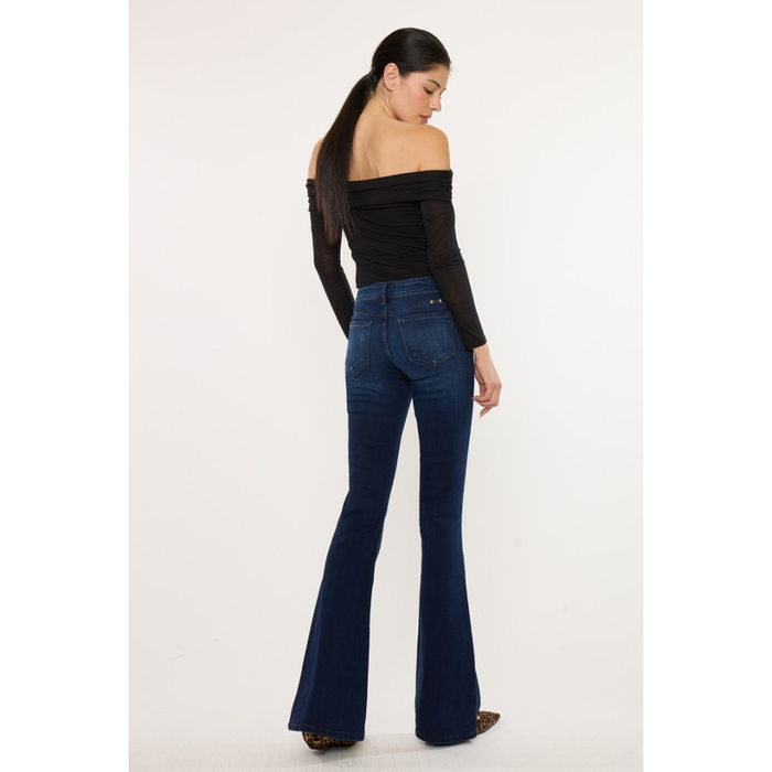 Kan Can dark wash mid rise flare jeans back view