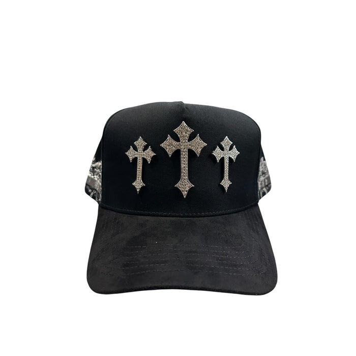 Black JG snapback hat with silver rhinestone cross detailing on front panel
