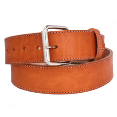 Brown leather belt with a silver buckle on a white background