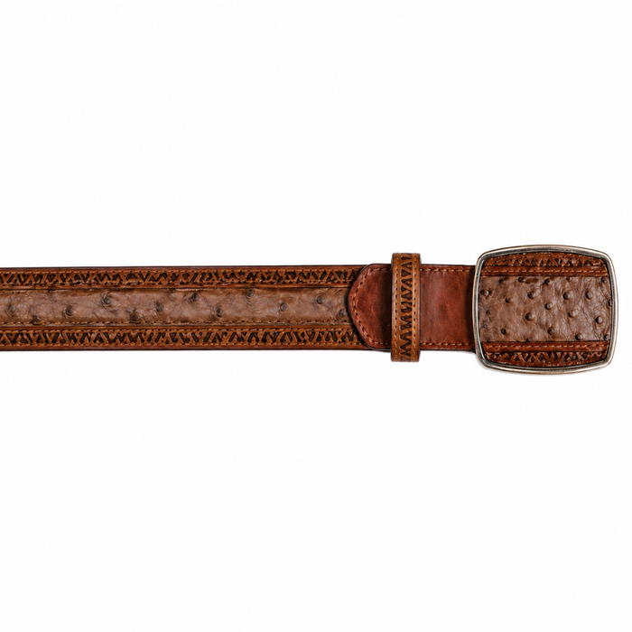 Los Altos Ostrich Laser Belt with Square Buckle - Rustic Brown