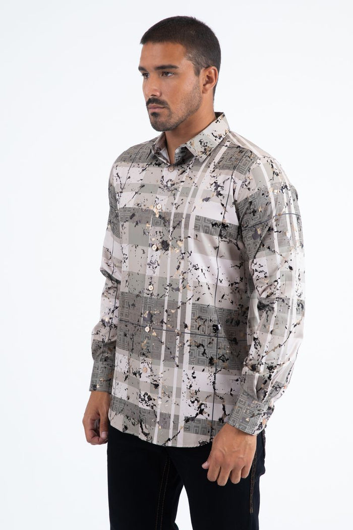Mens Modern Fit Stretch Foil Fashion Shirt- Beige