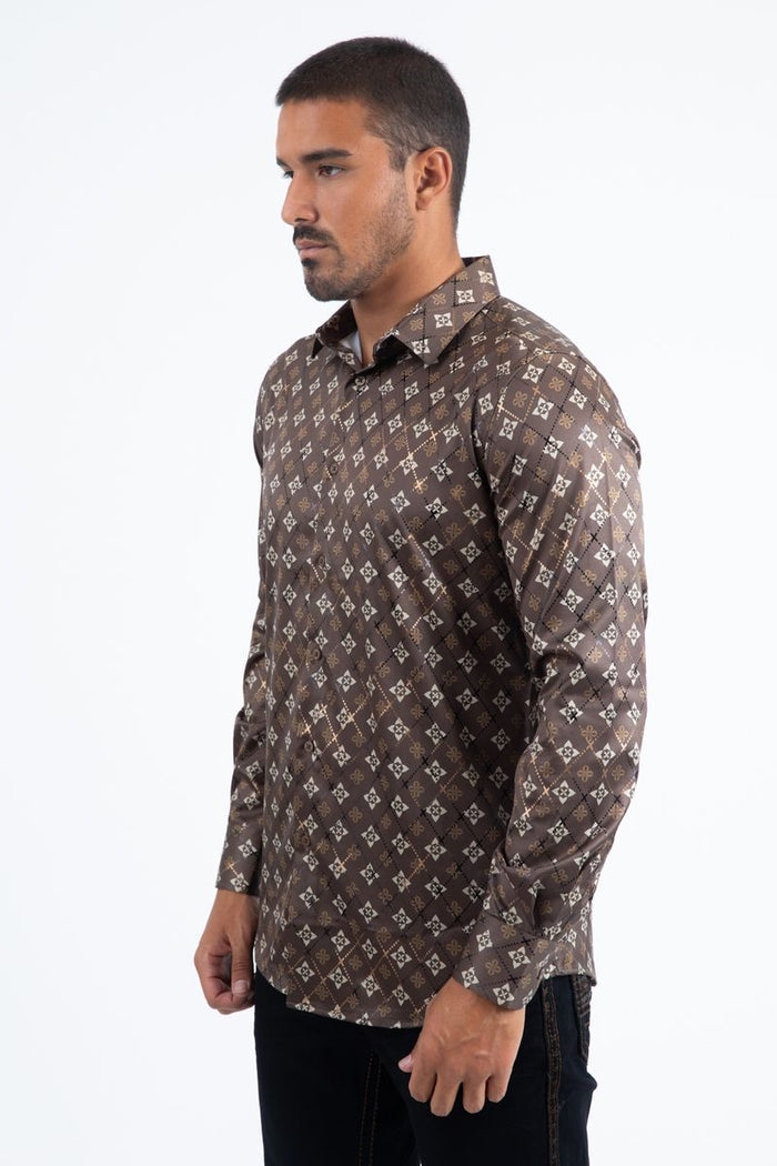 Mens Modern Fit Stretch Foil Fashion Shirt- Brown