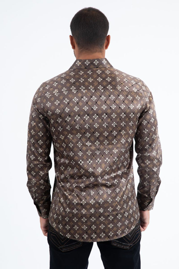 Mens Modern Fit Stretch Foil Fashion Shirt- Brown