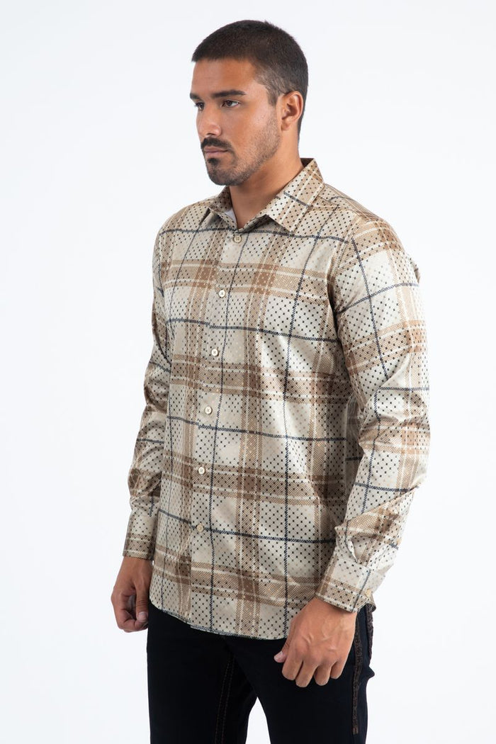 Mens Modern Fit Stretch Foil Fashion Shirt- Khaki