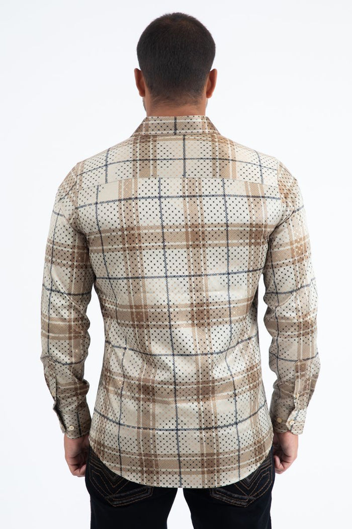 Mens Modern Fit Stretch Foil Fashion Shirt- Khaki