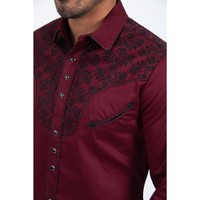 Platini Men's Cotton Burgundy Embroidery Western Shirt