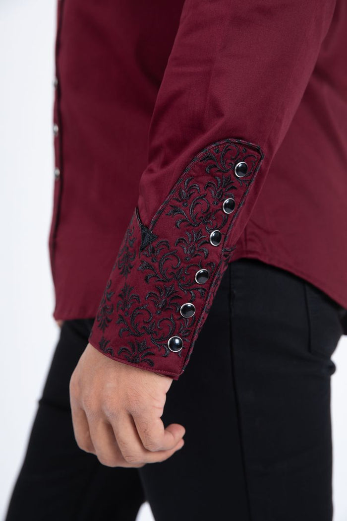 Platini Men's Cotton Burgundy Embroidery Western Shirt