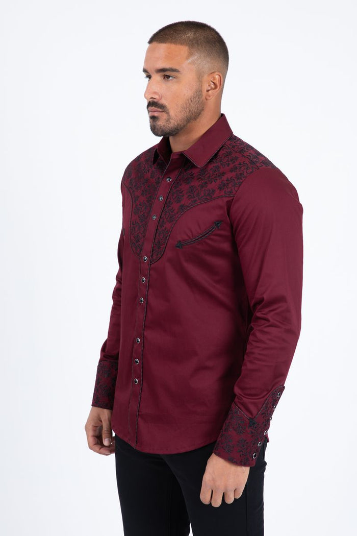 Platini Men's Cotton Burgundy Embroidery Western Shirt
