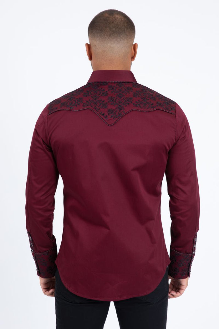 Platini Men's Cotton Burgundy Embroidery Western Shirt