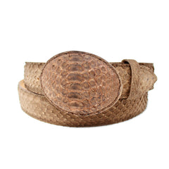 Brown leather belt with a large round buckle on a white background