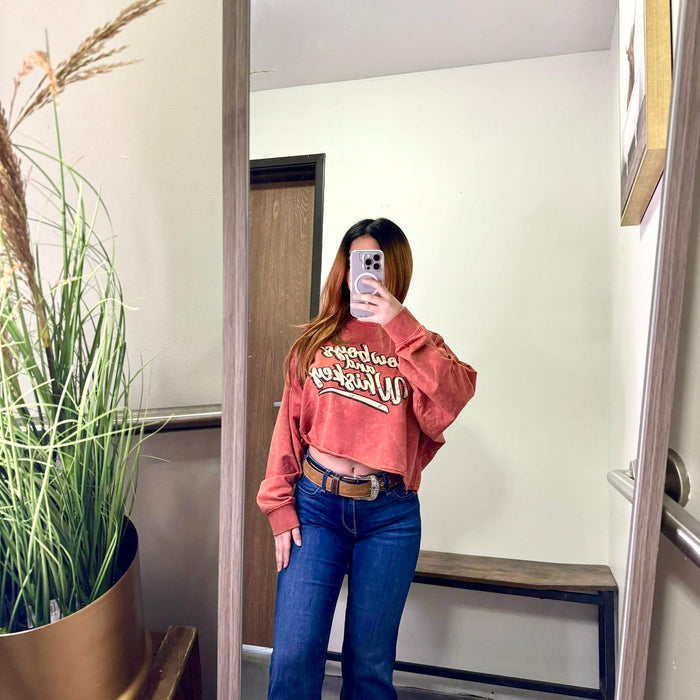 Rock & Roll Denim Cowboys & Whiskey Cropped Pullover Sweater