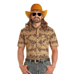 Rock & Roll Denim Western Aztec Print Short Sleeve Snap Shirt- Dark Brown