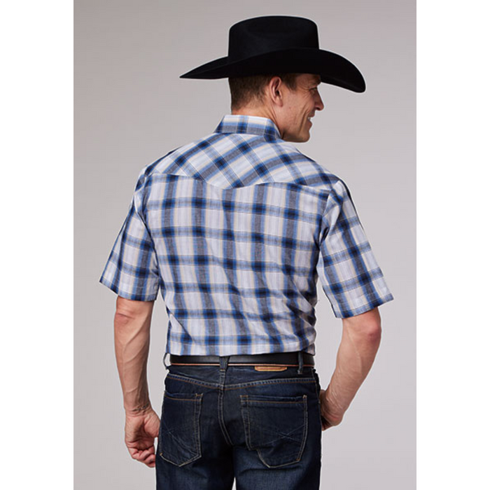 Roper Men's Navy Plaid Short Sleeve Snap Shirt