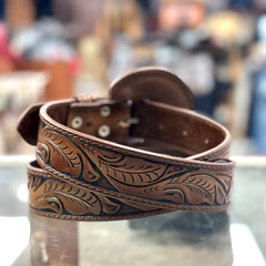Tooled Leather Floral Belt - Dark Brown