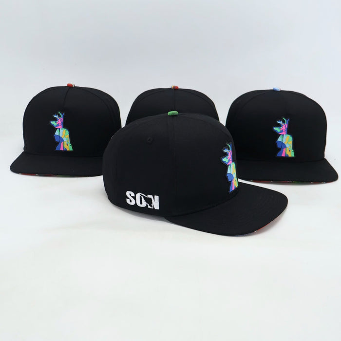 VBR Sonora Los Yakis black snapback cap with colorful Yaqui deer dancer graphic