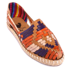 Women’s multicolor woven leather Mexican huarache espadrille with orange, purple, and tan detailing