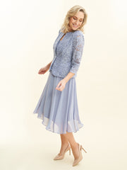 Gina Bacconi Lavendar Laticia Midi Length Lace Mock Jacket Dress