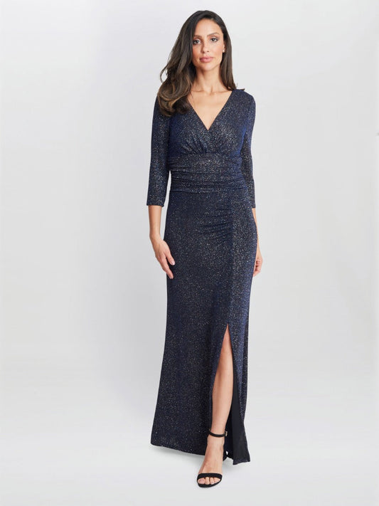 Gina Bacconi Eugenie Metallic Maxi Dress With Ruched Waist And Front Slit