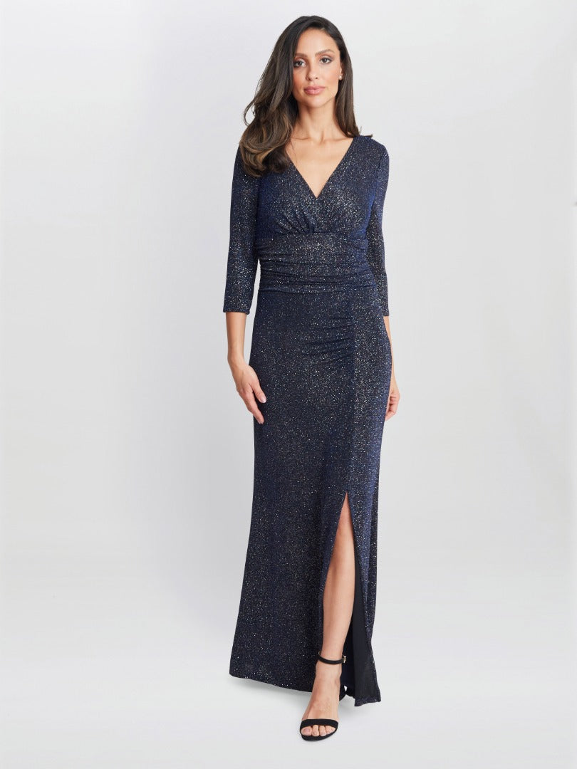 Gina Bacconi Eugenie Metallic Maxi Dress With Ruched Waist And Front Slit
