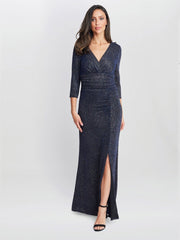Gina Bacconi Eugenie Metallic Maxi Dress With Ruched Waist And Front Slit
