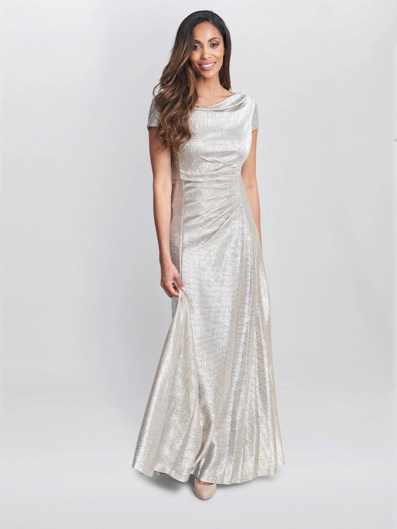 Gina Bacconi Alivia Metallic Cowl Maxi Dress