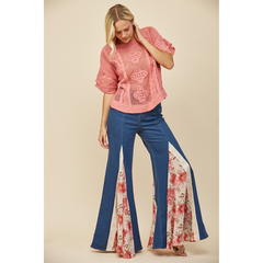 Women's Medium Wash Floral Panel Bell Bottom Jeans
